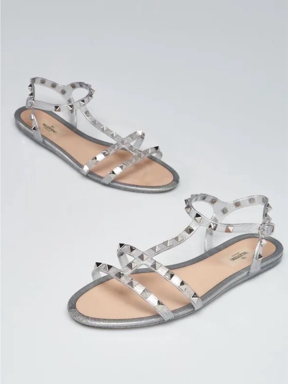 Valentino Garavani Silver Pyramid-Stud Strappy Flat Sandals